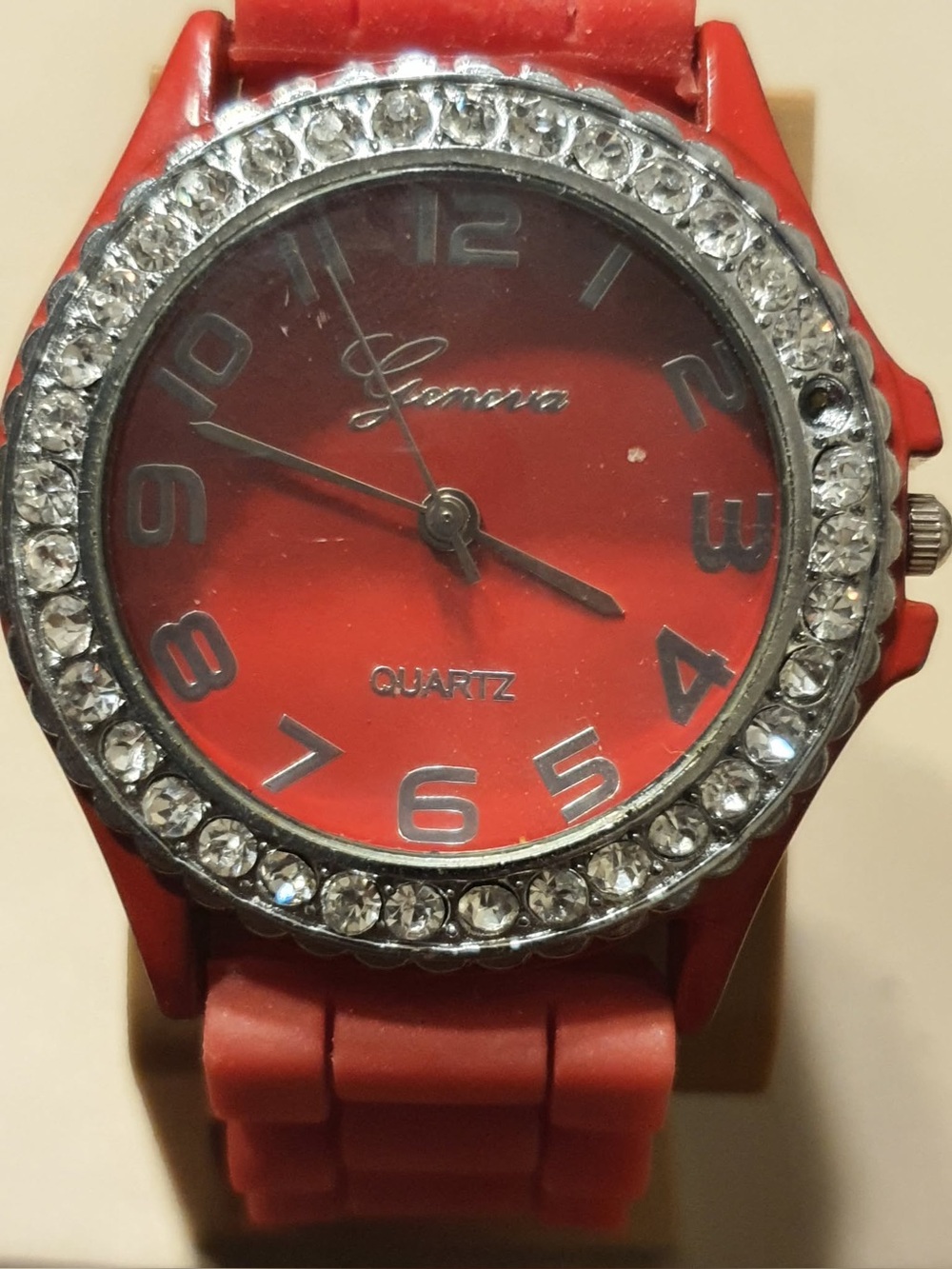 🦋10/$20🦋 Geneva Silver/Red Rhinestone Silicone Women's Watch